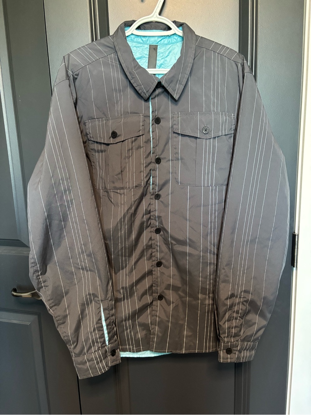 lululemon athletica Gray Pinstripe Lightweight Shirt Jacket with Teal Trim